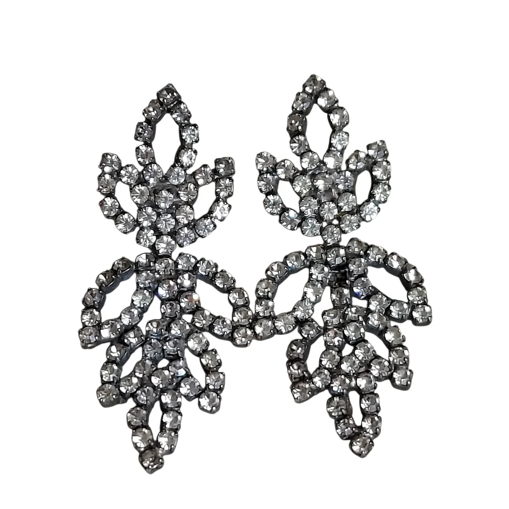Vintage Rhinestone Crystal Leaf Earrings Pierced Evening Formal